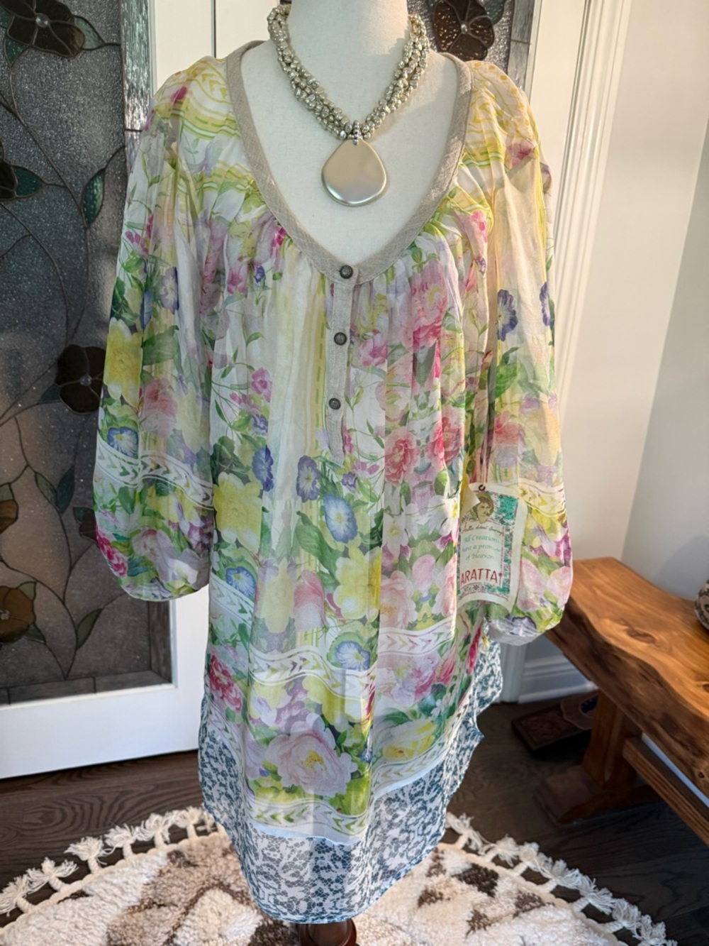Aratta Sheer Silk Floral Tunic - Yellow, Green, Blue, Pink